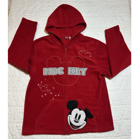 DISNEY Mickey Mouse Fleece Zip Up Hoodie Bright Red size Medium women - Picture 1 of 5